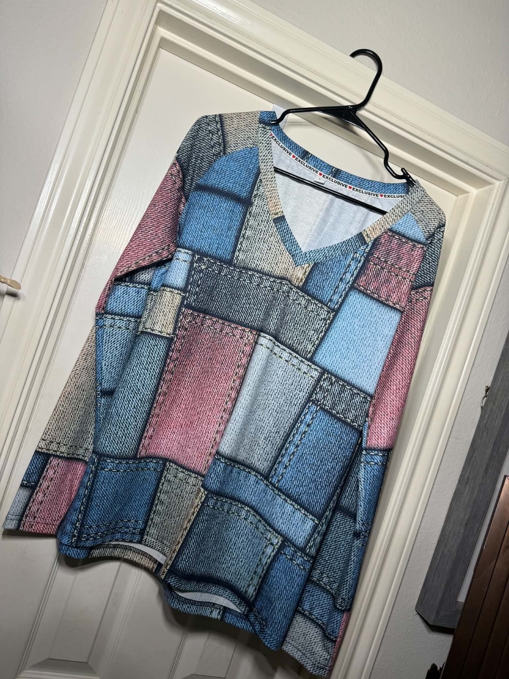 Colorblock Patchwork V-Neck Sweater - Blue, Pink, Gray